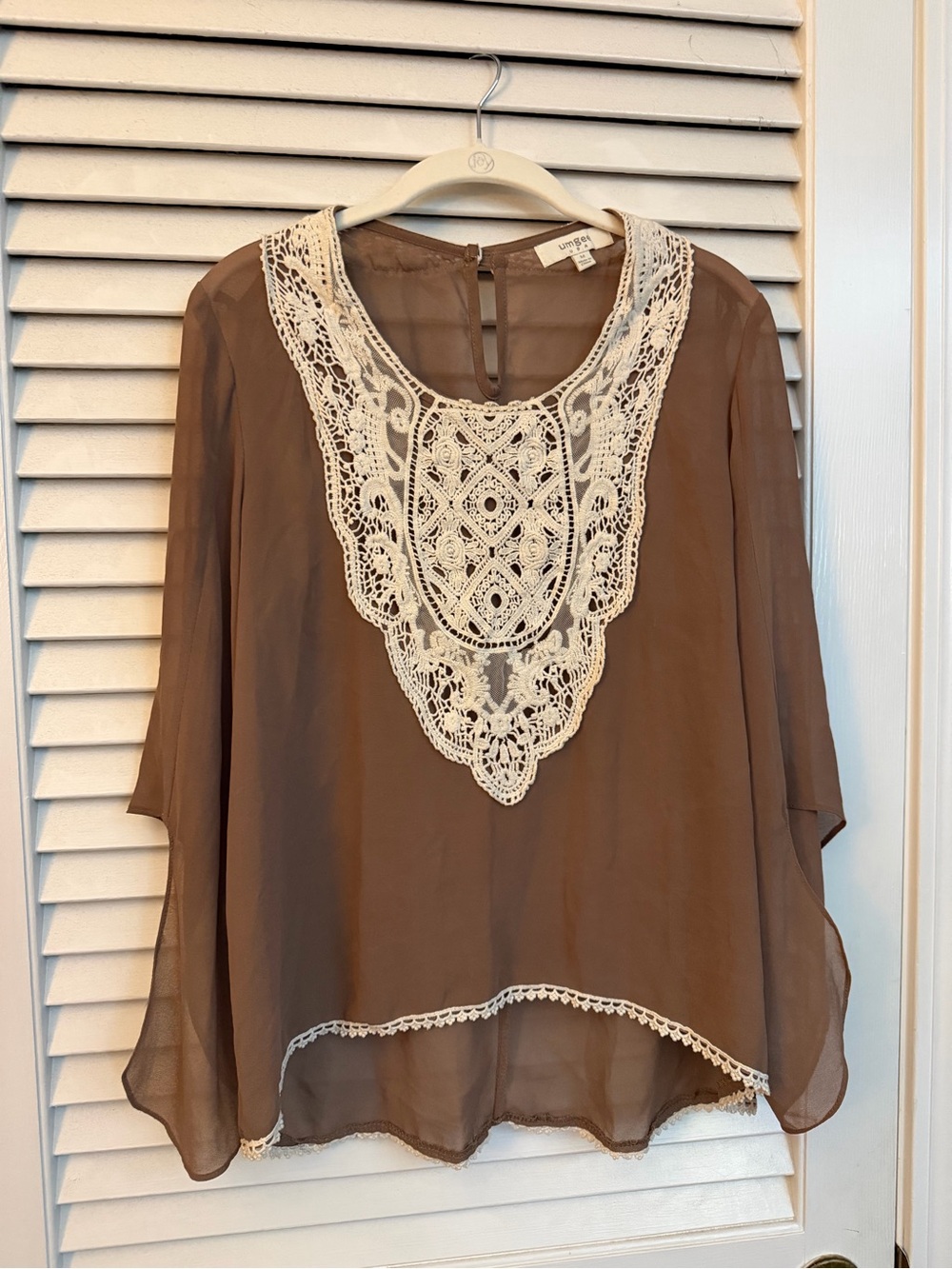 Umgee Brown Chiffon Blouse with Cream Crochet Yoke